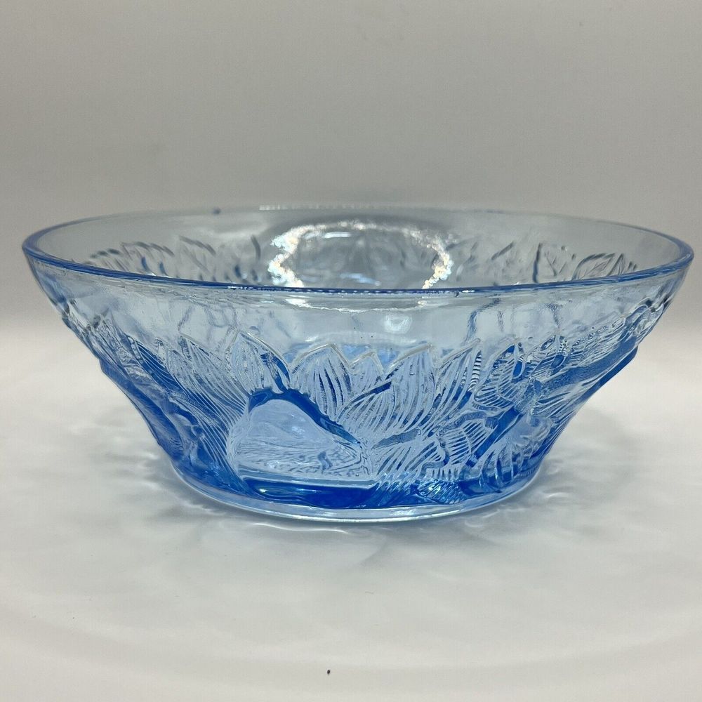 Vtg KIG Indonesia Blue‎ Pressed Glass Bowl Embossed  Della Robbia Fruit Pattern